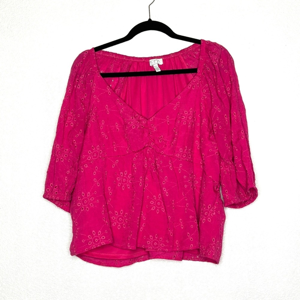 Sofia Jeans Women's Top XXL Pink Eyelet Embroidered V Neck 3/4 Sleeve Boho‎